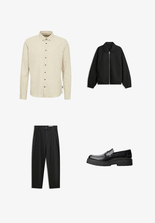 Sort jakke lavet af struktureret stof, med fuld frontlynlås, krave og elastiske mansjetter, i en afslappet pasform og sidelommer.; Beige langærmet skjorte lavet af struktureret stof, med en skjortekrave og mørke knapper foran.; Sorte bomuldsbukser med en afslappet pasform, der har en klassisk talje, frontfolder og sidelommer. Glat tekstur uden mønstre.; Sort læderloafer med kraftig sål og dekorativ rem henover, vist i venstre sideprofil på hvid baggrund.