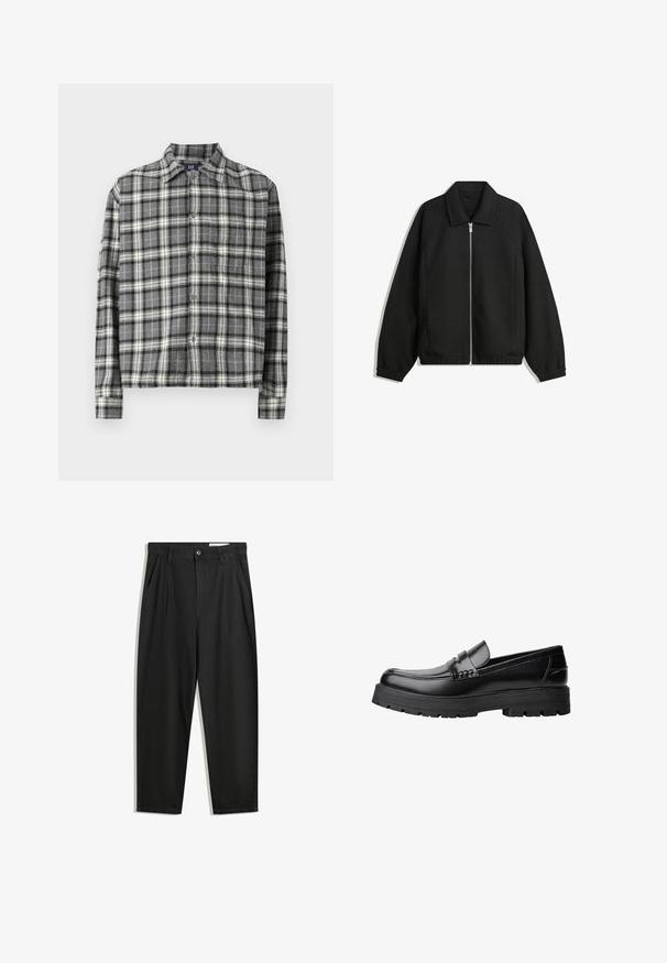 Czarna kurtka z teksturowanej tkaniny, z pełnym zamkiem z przodu, kołnierzem i elastycznymi mankietami, o luźnym kroju i kieszeniach po bokach.; Czarna i biała koszula w kratę na guziki z kołnierzykiem, długimi rękawami i luźnym krojem. Wykonana z miękkiego, teksturowanego materiału.; Czarne bawełniane spodnie o luźnym kroju, z klasycznym pasem, przednimi plisy oraz bocznymi kieszeniami. Gładka struktura, bez wzorów.; Czarne skórzane mokasyny z grubą, bieżnikowaną podeszwą i dekoracyjnym paskiem na górze, pokazane w lewym profilu na białym tle.