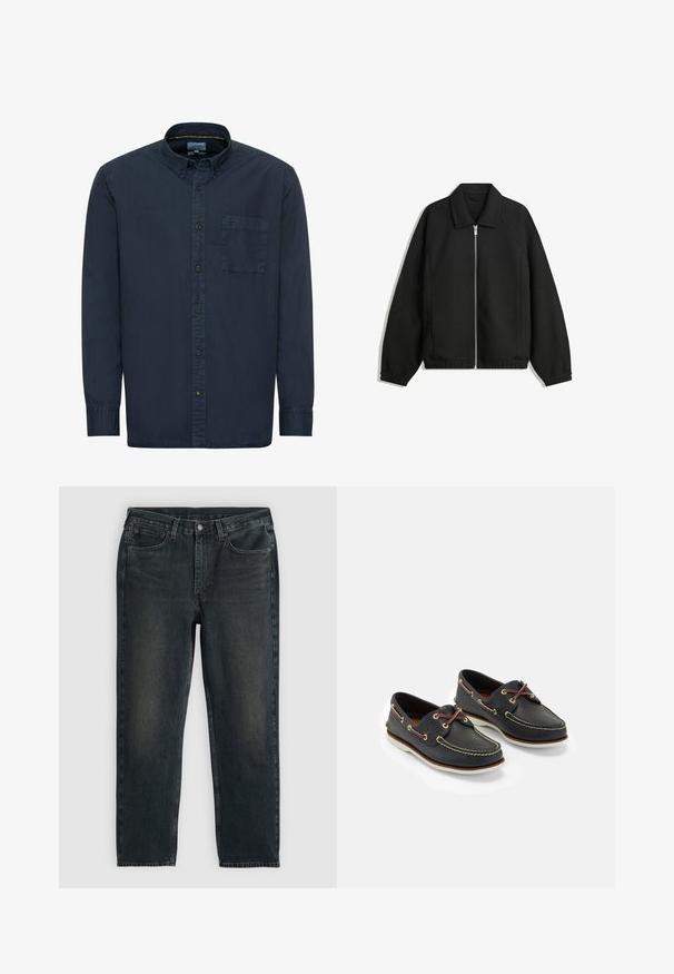 Zwarte jas van textuurstof, met een volledige rits aan de voorkant, een kraag, elastische manchetten, een ontspannen pasvorm en zijzakken.; Marineblauwe button-up shirt van katoen. Voorzien van een standaardkraag, lange mouwen, een enkele borstzak en subtiele stiksels.; Donkerblauwe denim jeans met een recht model, voorzien van vijf zakken, een ritssluiting en contrasterende stiksels. Subtiele vervaging op de stof.; Marine leren botenschoenen met gele stiksels, rode veters en zilveren oogjes; ronde neus; witte rubberen zool.