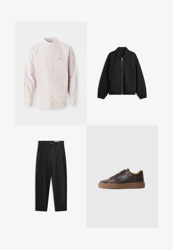 Black jacket made of textured fabric, featuring a full front zip, collar, and elastic cuffs with a relaxed fit and side pockets.; Long-sleeve shirt in white with thin red stripes, button-down collar, front buttons, and small embroidered logo on the left chest.; Black cotton trousers with a relaxed fit, featuring a classic waistband, front pleats, and side pockets. Smooth texture without patterns.; GANT MC JULIEN - Trainers - dark brown