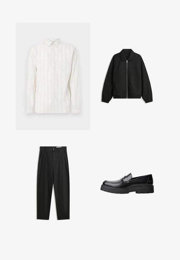 Černá bunda vyrobená z texturované látky, s plným předním zipem, límcem a elastickými manžetami, s volným střihem a bočními kapsami.; Bílá košile s dlouhými rukávy, knoflíkovým zapínáním a vertikálními světle hnědými pruhy, klasický límec. Měkká, texturovaná látka.; Černé bavlněné kalhoty s uvolněným střihem, klasickým pasem, předními záhyby a bočními kapsami. Hladká textura bez vzorů.; Černé kožené mokasíny s masivní podrážkou a dekoračním páskem přes horní část, zobrazené v levém bočním profilu na bílém pozadí.