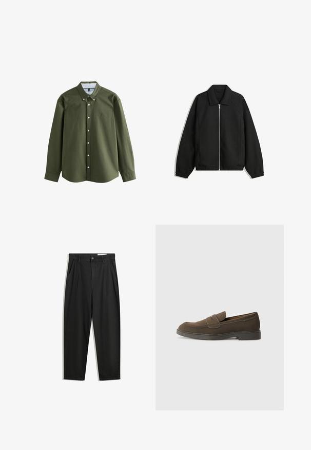 Zwarte jas van textuurstof, met een volledige rits aan de voorkant, een kraag, elastische manchetten, een ontspannen pasvorm en zijzakken.; Olijfgroene langemouwen shirt met een button-down kraag, frontknopen en een klein geborduurd logo. Zachte stof met een gestructureerd ontwerp.; Zwarte katoenen broeken met een losse pasvorm, voorzien van een klassieke tailleband, voorplooien en zijzakken. Gladde structuur zonder patronen.; Bruine suède instap schoenen met een ronde neus, een band over de wreef en een plat rubberen zool. Eenvoudig ontwerp met strakke lijnen en minimale details.