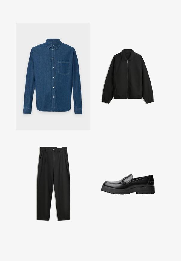Zwarte jas van textuurstof, met een volledige rits aan de voorkant, een kraag, elastische manchetten, een ontspannen pasvorm en zijzakken.; Donkerblauwe spijkerblouse met lange mouwen, knoopsluiting aan de voorkant, kraag en één borstzak. Heeft een gladde textuur en een standaard pasvorm.; Zwarte katoenen broeken met een losse pasvorm, voorzien van een klassieke tailleband, voorplooien en zijzakken. Gladde structuur zonder patronen.; Zwarte leren loafer met een chunky profielzool en een decoratieve band over de bovenkant, weergegeven in het linkerzijprofiel op een witte achtergrond.