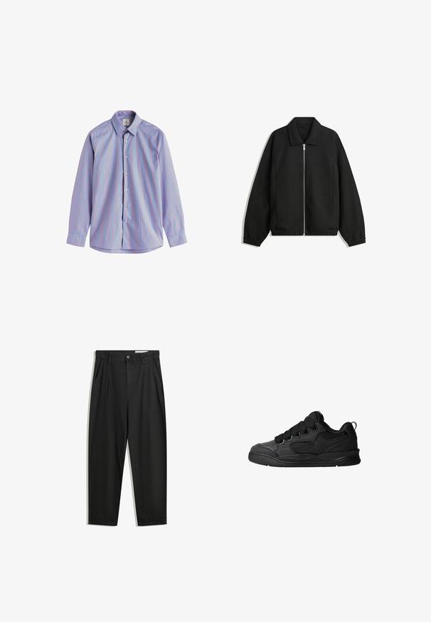 Musta takki, joka on valmistettu teksturoidusta kankaasta ja jossa on koko etuvetoketju, kaulus ja joustavat hihansuut. Takissa on rento istuvuus ja sivutaskut.; Paitsi napilla ja pitkillä hihoilla, vaaleansinisestä kankaasta, jossa on pystysuoria punaisia raitoja, tavallinen kaulus ja napitus.; Mustat puuvillahousut rentoa mallia, joissa on klassinen vyötärö, etukangastukset ja sivutaskut. Sileä pinta ilman kuvioita.; Mustat tennarit, joissa on teksturoitu päällyspinta, nauhat, verkkokohdat hengittävyyttä varten, pehmeä kaulus ja kestävä pohja.