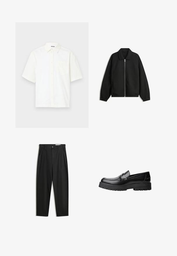 Czarna kurtka z teksturowanej tkaniny, z pełnym zamkiem z przodu, kołnierzem i elastycznymi mankietami, o luźnym kroju i kieszeniach po bokach.; Koszula z krótkim rękawem, zapinana na guziki w kolorze off-white z bawełny. Posiada kołnierzyk oraz kieszonkę na lewej piersi z prostym wzorem i miękką teksturą.; Czarne bawełniane spodnie o luźnym kroju, z klasycznym pasem, przednimi plisy oraz bocznymi kieszeniami. Gładka struktura, bez wzorów.; Czarne skórzane mokasyny z grubą, bieżnikowaną podeszwą i dekoracyjnym paskiem na górze, pokazane w lewym profilu na białym tle.