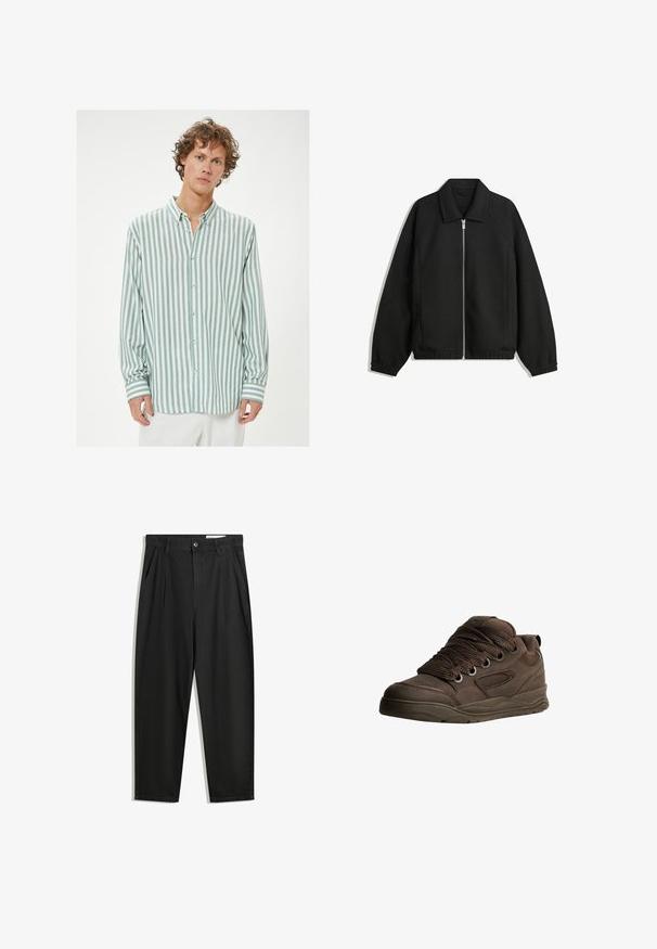 Musta takki, joka on valmistettu teksturoidusta kankaasta ja jossa on koko etuvetoketju, kaulus ja joustavat hihansuut. Takissa on rento istuvuus ja sivutaskut.; Kevyt napillinen paita, jossa on pystysuorat teal- ja valkoiset raidat, kaulus, yksi rinnatasku sekä pitkät hihat raidoitetuilla hihansuilla.; Mustat puuvillahousut rentoa mallia, joissa on klassinen vyötärö, etukangastukset ja sivutaskut. Sileä pinta ilman kuvioita.; Ruskeat urheilukengät, jotka on valmistettu sileästä synteettisestä materiaalista. Varustettu paksuilla nauhoilla, verkko-akkenteilla, pehmustetulla nilkkasaumalla ja teksturoidulla kumipohjalla.