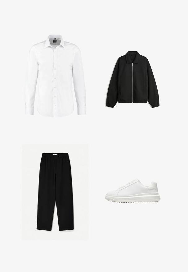 Črna jakna iz teksturirane tkanine, z dvostranskim zadrgo spredaj, ovratnikom in elastičnimi manšeti, sproščenega kroja in stranskimi žepi.; Bela dolga majica z dolgimi rokavi, izdelana iz gladkega materiala, s klasičnim ovratnikom, sprednjim zapenjanjem na gumbe in manšetami z enim gumbom. Brez vzorcev ali okrasnih elementov.; Črne široke hlače iz lahkotnega materiala. Imajo elastičen pas in gladko teksturo. Brez vidnih vzorcev ali dodatkov.; Beli copati z gladkim sintetičnim zgornjim delom, okroglo konico, ravnim vezalkami, teksturiranim podplatom in slojevito platformo za dodatno višino.