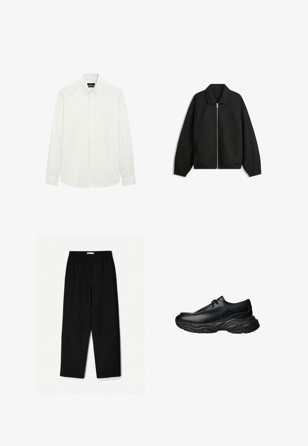 Czarna kurtka z teksturowanej tkaniny, z pełnym zamkiem z przodu, kołnierzem i elastycznymi mankietami, o luźnym kroju i kieszeniach po bokach.; Biała koszula z długim rękawem, zapinana na guziki, z kołnierzykiem zapinanym na guziki i standardowymi mankietami, prezentowana na płasko na białym tle.; Czarne, szerokie spodnie wykonane z lekkiego materiału. Posiadają elastyczny pasek w talii oraz gładką teksturę. Brak widocznych wzorów czy elementów metalowych.; Czarne skórzane buty wsuwane z okrągłym noskiem i grubą, teksturowaną gumową podeszwą. Posiadają subtelne przeszycia oraz elastyczne akcenty na kołnierzu.