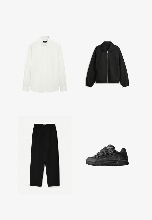 Czarna kurtka z teksturowanej tkaniny, z pełnym zamkiem z przodu, kołnierzem i elastycznymi mankietami, o luźnym kroju i kieszeniach po bokach.; Biała koszula z długim rękawem, zapinana na guziki, z kołnierzykiem zapinanym na guziki i standardowymi mankietami, prezentowana na płasko na białym tle.; Czarne, szerokie spodnie wykonane z lekkiego materiału. Posiadają elastyczny pasek w talii oraz gładką teksturę. Brak widocznych wzorów czy elementów metalowych.; Czarne sneakersy z gładką skórzaną cholewką, teksturowanymi akcentami i okrągłymi czarno-białymi sznurowadłami. Gruba gumowa podeszwa z wzorzystym bieżnikiem.