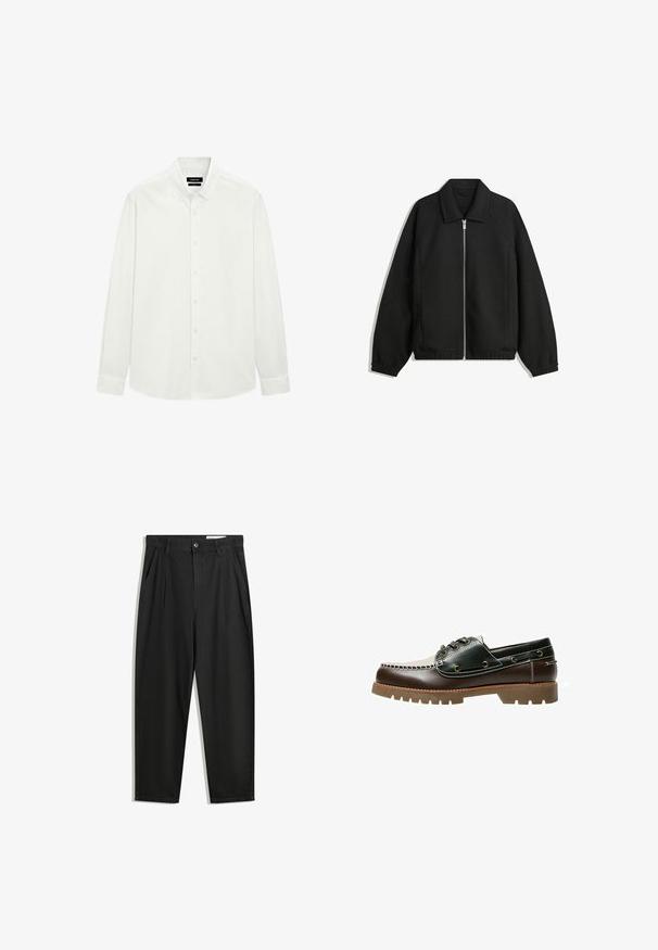 Schwarze Jacke aus strukturiertem Stoff, mit vollem Reißverschluss auf der Vorderseite, Kragen und elastischen Manschetten, im entspannten Schnitt und mit seitlichen Taschen.; Weißes Langarm-Hemd mit Knopfleiste, Knopfkragen und normalen Manschetten, flach auf einem weißen Hintergrund präsentiert.; Schwarze Baumwollhose mit lockerem Schnitt, ausgestattet mit einem klassischen Bund, vorderen Falten und Seiten taschen. Glatte Textur ohne Muster.; Braune und grüne Lederbootsschuhe mit einem weißen gestickten Design, runden Schnürsenkeln und einer strukturierten Gummisohle. Robuste Bauweise mit Metallösen.