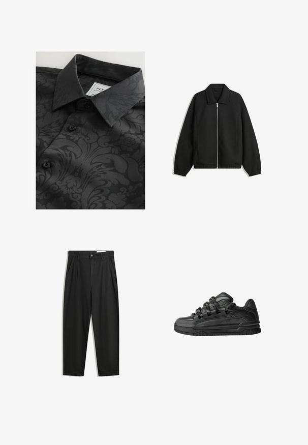 Černá bunda vyrobená z texturované látky, s plným předním zipem, límcem a elastickými manžetami, s volným střihem a bočními kapsami.; Černá košile s vzorovanou texturou, která zahrnuje květinové a abstraktní vzory, klasický límec a černé knoflíky. Na límci je viditelný štítek.; Černé bavlněné kalhoty s uvolněným střihem, klasickým pasem, předními záhyby a bočními kapsami. Hladká textura bez vzorů.; Černé tenisky s hladkým koženým svrškem, texturovanými akcenty a kulatými černobílými tkaničkami. Silná gumová podrážka s vzorovaným dezénem.