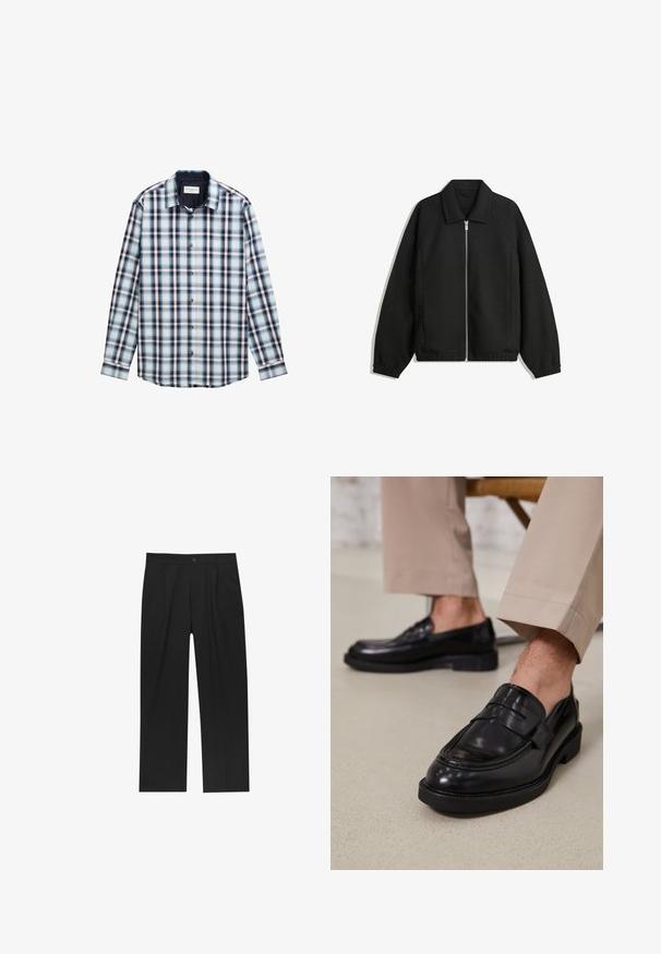Črna jakna iz teksturirane tkanine, z dvostranskim zadrgo spredaj, ovratnikom in elastičnimi manšeti, sproščenega kroja in stranskimi žepi.; Srajca s dolgimi rokavi v karirastem vzorcu, ki vključuje modro, belo in burgundsko barvo. Narejena iz lahke tkanine z ovratnikom na gumb in gumbi spredaj.; Črne hlače z ravnim krojem, narejene iz gladkega materiala. Imajo sprednje gube in enojno zaponko na pasu.; Črne usnjene loafer čevlje z gladko površino, ki imajo okrasno zaponko in kontrastno šivanje, v kombinaciji s bež hlačami.