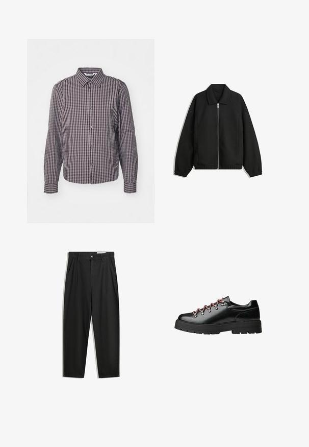 Veste noire en tissu texturé, dotée d'une fermeture éclair sur toute la longueur, d'un col et de poignets élastiques avec une coupe décontractée et des poches latérales.; Chemise à manches longues avec un motif à carreaux vertical et horizontal bleu marine et bordeaux, col, et deux boutons à l'avant.; Pantalon en coton noir avec une coupe décontractée, dotés d'une taille classique, de plis à l'avant et de poches latérales. Texture lisse sans motifs.; Chaussure de randonnée en cuir noir avec des lacets rouges et blancs, de grands œillets et une semelle épaisse à crampons pour une bonne adhérence et stabilité.