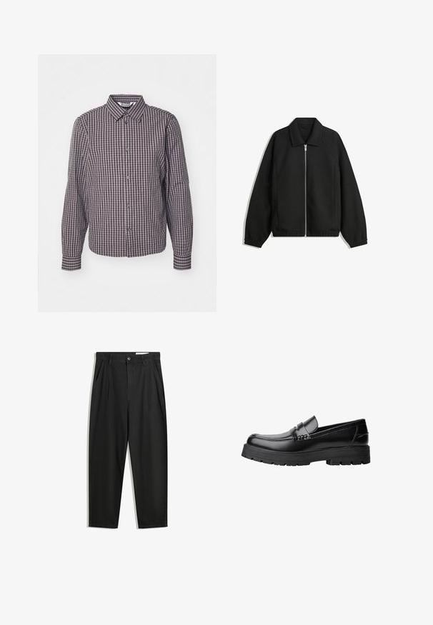 Black jacket made of textured fabric, featuring a full front zip, collar, and elastic cuffs with a relaxed fit and side pockets.; Button-up shirt with long sleeves, vertical and horizontal navy and burgundy check pattern, collared neckline, and two front buttons.; Black cotton trousers with a relaxed fit, featuring a classic waistband, front pleats, and side pockets. Smooth texture without patterns.; Black leather loafer with chunky treaded sole and decorative strap across the upper, shown in left side profile on white background.