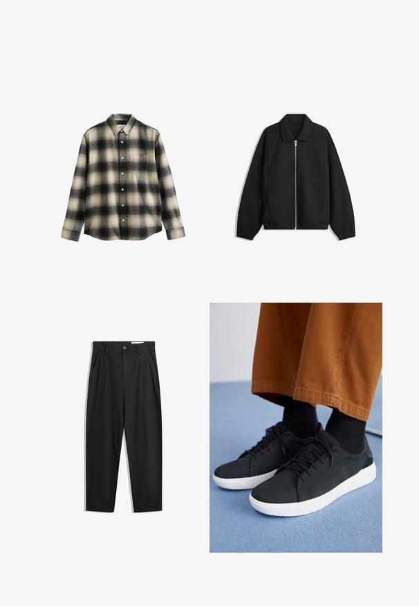 Giacca nera in tessuto texturizzato, con zip frontale a tutta lunghezza, colletto e polsini elasticizzati, dalla vestibilità rilassata e con tasche laterali.; Camicia a maniche lunghe a quadri nei toni nero, crema e grigio. Presenta un colletto alla francese, una tasca frontale e bottoni bianchi. Tessuto morbido.; Pantaloni in cotone neri con una vestibilità rilassata, dotati di una vita classica, pieghe frontali e tasche laterali. Tessuto liscio senza fantasie.; Sneakers in suede nera con suole in gomma bianca, dotati di un design con lacci, accenti testurizzati e branding sottile, abbinati a pantaloni marroni.