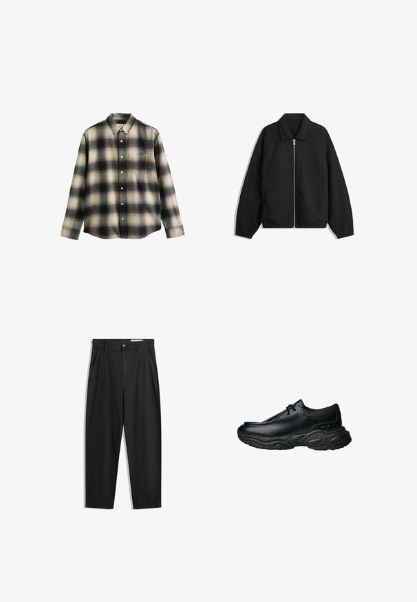 Fekete kabát texturált anyagból, teljes elöl cipzárral, gallérral és rugalmas mandzsettákkal, laza szabással és oldalsó zsebekkel.; Hosszú ujjú kockás ing fekete, krémszínű és szürke színben. Gombos nyakkal, elülső zsebbel és fehér gombokkal rendelkezik. Puha szövet textúra.; Fekete pamut nadrág laza szabással, klasszikus derékrésszel, elülső hajtásokkal és oldalsó zsebekkel. Simább textúra minta nélkül.; Fekete bőr slip-on cipők lekerekített orral és vastag, texturált gumitalppal. Finom varrásokkal és elasztikus részletekkel rendelkezik a nyaknál.