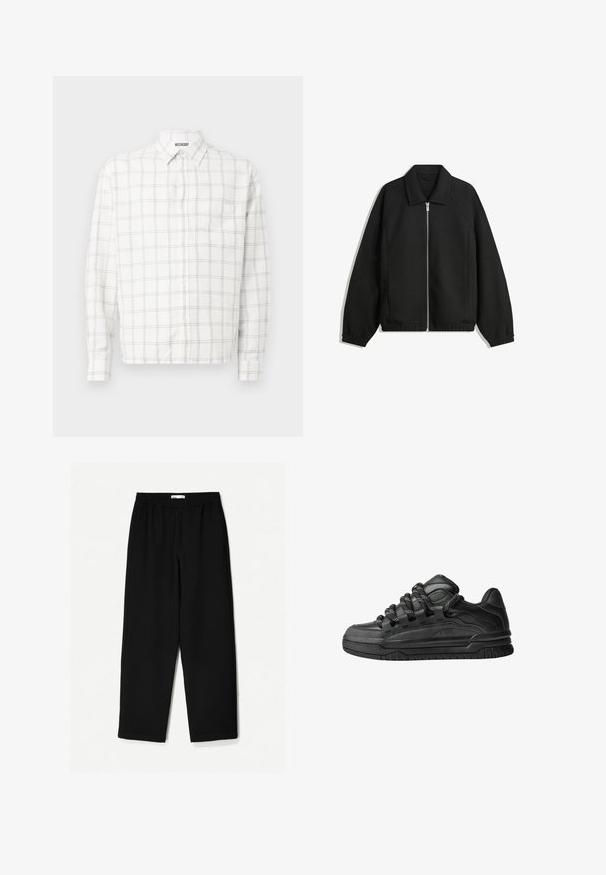 Černá bunda vyrobená z texturované látky, s plným předním zipem, límcem a elastickými manžetami, s volným střihem a bočními kapsami.; Bílá košile s dlouhým rukávem a černým kostkovaným vzorem, s špičatým límcem a zapínáním na knoflíky. Bez viditelné kapsy.; Černé kalhoty s širokými nohavicemi vyrobené z lehkého materiálu. Mají elastický pas a hladkou texturu. Bez viditelných vzorů nebo kovových detailů.; Černé tenisky s hladkým koženým svrškem, texturovanými akcenty a kulatými černobílými tkaničkami. Silná gumová podrážka s vzorovaným dezénem.