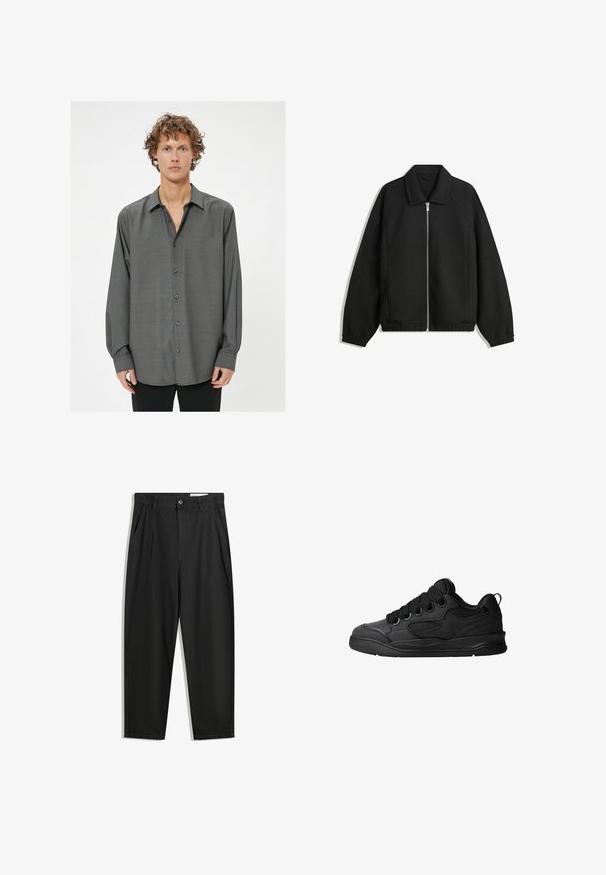 Musta takki, joka on valmistettu teksturoidusta kankaasta ja jossa on koko etuvetoketju, kaulus ja joustavat hihansuut. Takissa on rento istuvuus ja sivutaskut.; Tummanharmaa pitkähihaisella paidalla, jossa on nappikiinnitys edessä, hienovaraista tekstuurikuosia ja klassinen kaulus. Napit ovat tummanharmaat.; Mustat puuvillahousut rentoa mallia, joissa on klassinen vyötärö, etukangastukset ja sivutaskut. Sileä pinta ilman kuvioita.; Mustat tennarit, joissa on teksturoitu päällyspinta, nauhat, verkkokohdat hengittävyyttä varten, pehmeä kaulus ja kestävä pohja.