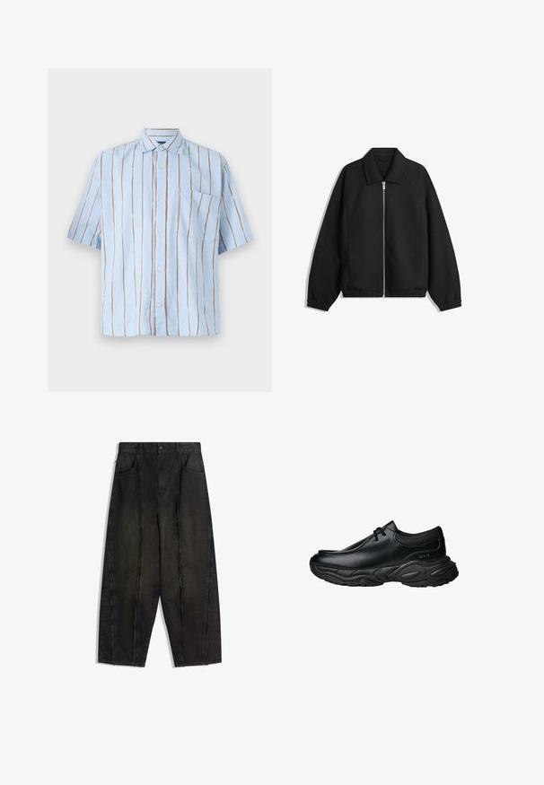 Svart jacka i strukturerad tyg, med full dragkedja framtill, krage och elastiska muddar, med en avslappnad passform och sidofickor.; Ljusblå kortärmad skjorta med vertikala vita och bruna ränder, med knappstängning framtill och en enkel bröstficka.; Svarta vida jeans med synliga sömmar och fransiga kanter, med två framtida fickor och högmidjad design.; Svarta läder slip-on skor med rund tå och tjock strukturerad gummisula. Har subtila sömmar och elastiska detaljer vid kragen.