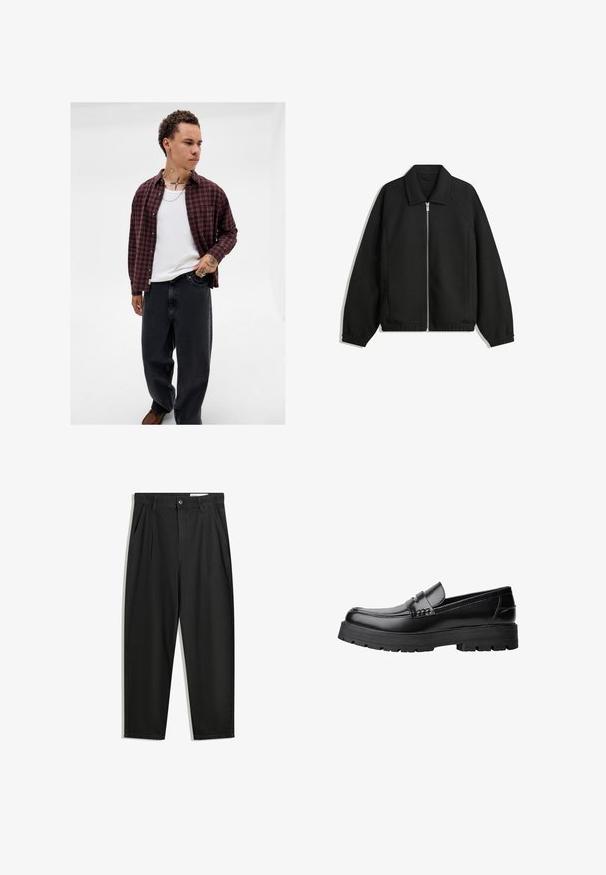 Zwarte jas van textuurstof, met een volledige rits aan de voorkant, een kraag, elastische manchetten, een ontspannen pasvorm en zijzakken.; Jonge man met krullend haar in een rood geruit shirt over een witte tanktop, zwarte broek, met zichtbare tatoeages op zijn nek en handen, en zilveren ringen.; Zwarte katoenen broeken met een losse pasvorm, voorzien van een klassieke tailleband, voorplooien en zijzakken. Gladde structuur zonder patronen.; Zwarte leren loafer met een chunky profielzool en een decoratieve band over de bovenkant, weergegeven in het linkerzijprofiel op een witte achtergrond.