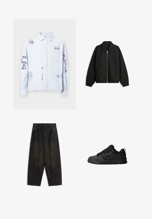 Fekete kabát texturált anyagból, teljes elöl cipzárral, gallérral és rugalmas mandzsettákkal, laza szabással és oldalsó zsebekkel.; Csíkos kék és fehér gombos ing hímzett mintákkal, beleértve a szöveget és motívumokat, laza szabású és hosszú ujjú.; Fekete, bőszárú farmernadrág, látható varrásokkal és rojtos szélekkel, két első zsebbel és magas derekú fazonnal.; Fekete sportcipő texturált felsőrésszel, fűzőkkel, légáteresztő hálós részletekkel, párnázott bokarésszel és tartós talppal.