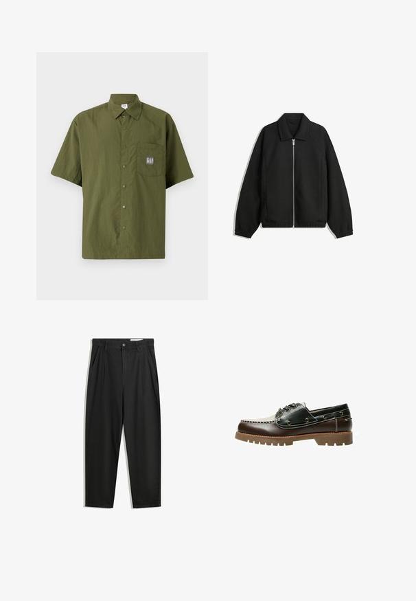 Jachetă neagră dintr-un material texturat, cu fermoar frontal complet, guler și manșete elastice, având o croială lejeră și buzunare laterale.; Cămașă cu mânecă scurtă din țesătură verde măsliniu, cu guler tip button-down, având un buzunar pe piept cu un patch gri cu logo-ul GAP.; Pantaloni negri din bumbac cu croială lejeră, având un brâu clasic, plii frontale și buzunare laterale. Textură netedă fără modele.; Pantof de barcă din piele maro și neagră, cu șireturi, cusături contrastante și talpă din cauciuc texturată. Are orificii metalice pentru șireturi și vârf rotunjit.