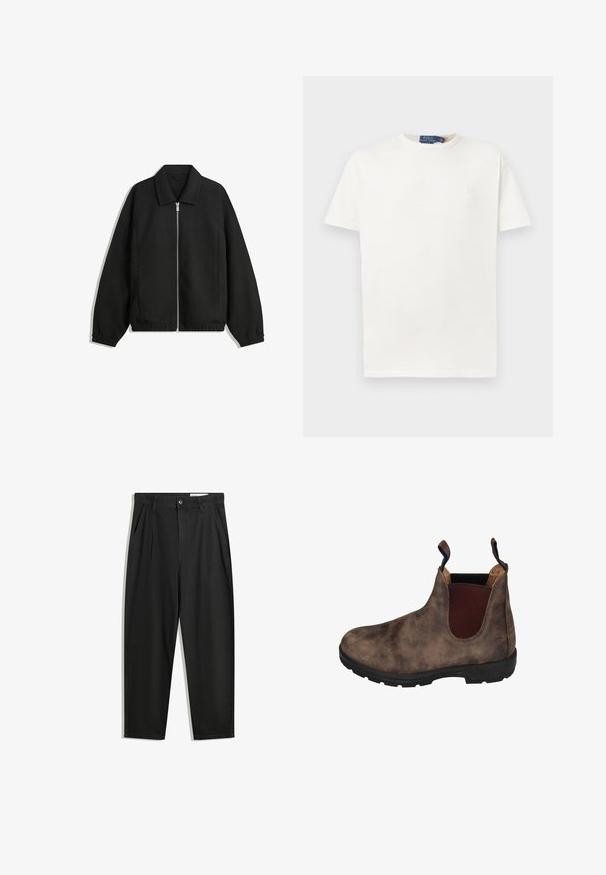 Jachetă neagră dintr-un material texturat, cu fermoar frontal complet, guler și manșete elastice, având o croială lejeră și buzunare laterale.; Tricou simplu alb cu mânecă scurtă și guler rotund, cu un logo brodat subtil pe partea stângă a pieptului și eticheta de marcă pe guler.; Pantaloni negri din bumbac cu croială lejeră, având un brâu clasic, plii frontale și buzunare laterale. Textură netedă fără modele.; Botine din piele maro, cu panouri elastice pe lateral, finisaj texturat, talpă din cauciuc negru și tab pentru a le îmbrăca ușor.