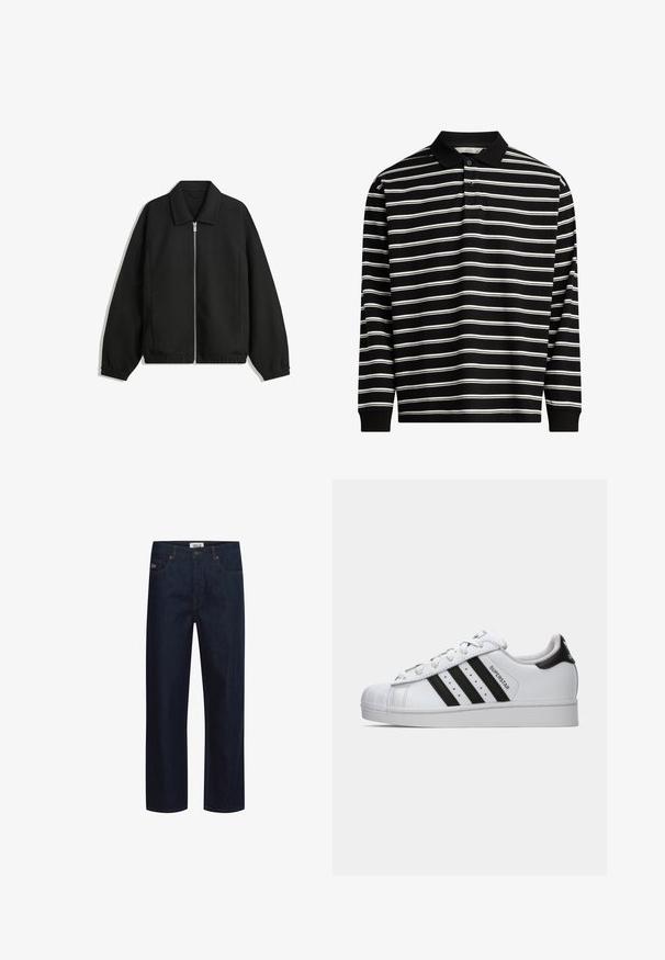 Crna jakna izrađena od teksturirane tkanine, s punim prednjim zatvaračem, ovratnikom i elastičnim manžetama, opuštenog kroja i bočnim džepovima.; Polo majica dugih rukava izrađena od crnog materijala s bijelim horizontalnim prugama, s ovratnikom i plaketom na tri gumba.; Tamno plave traperice s ravnim krojem, pet džepova, kontrastnim šavovima i oznakom s robnom markom na pojasu.; Bijela Adidas Superstar tenisica s crnim prugama, školjkastim vrhom i tekstom "Superstar" sa strane, prikazana je u lijevom profilu na bijeloj pozadini.