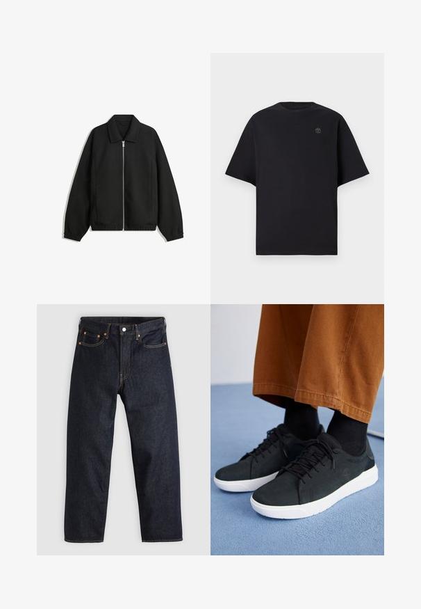 Fekete kabát texturált anyagból, teljes elöl cipzárral, gallérral és rugalmas mandzsettákkal, laza szabással és oldalsó zsebekkel.; Fekete, rövid ujjú pamut póló, kerek nyakkal és egy kis hímzett logóval a mellkasán. Egyszerű, laza szabású.; Sötétkék farmernadrág egyenes szabással, öt zsebbel, kontrasztos narancssárga varrással és gombos záródással. Nem látható rajta mintázat vagy díszítés.; Fekete velúrbőr sneaker fehér gumitalppal, fűzős dizájnnal, texturált részletekkel és diszkrét márkázással, barna nadrággal párosítva.