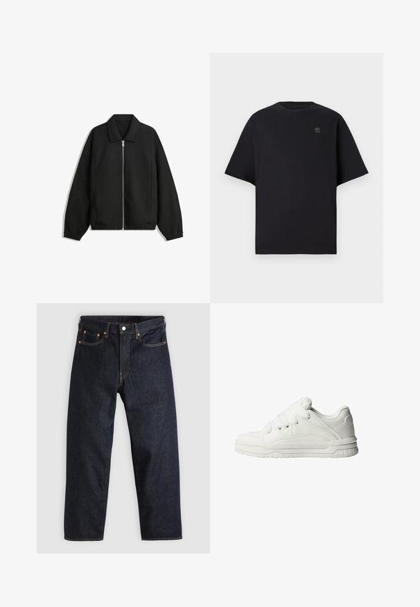 Zwarte jas van textuurstof, met een volledige rits aan de voorkant, een kraag, elastische manchetten, een ontspannen pasvorm en zijzakken.; Zwarte T-shirt met korte mouwen van katoen, met een ronde hals en een klein, geborduurd logo op de borst. Eenvoudige, relaxte pasvorm.; Donkerblauwe denim jeans met een rechte snit, vijf zakken, contrasterende oranje stiksels en een knoopsluiting. Geen zichtbare patronen of versieringen.; Witte sneakers met een gladde leren buitenkant, een gevoerde tong, platte veters en getextureerde accenten aan de zijkanten en hiel.
