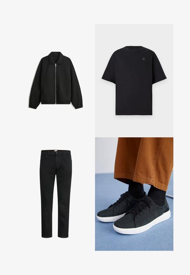 Zwarte jas van textuurstof, met een volledige rits aan de voorkant, een kraag, elastische manchetten, een ontspannen pasvorm en zijzakken.; Zwarte T-shirt met korte mouwen van katoen, met een ronde hals en een klein, geborduurd logo op de borst. Eenvoudige, relaxte pasvorm.; Zwarte denim jeans met een rechte snit, voorzien van een knoop- en ritssluiting, vijf zakken en minimale stikseldetails.; Zwarte suède sneakers met witte rubberen zolen, voorzien van een vetersluiting ontwerp, textuuraccenten en subtiele branding, gedragen met bruine broeken.