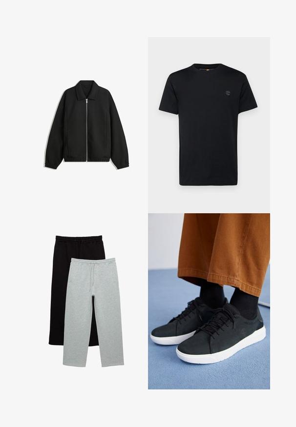 Musta takki, joka on valmistettu teksturoidusta kankaasta ja jossa on koko etuvetoketju, kaulus ja joustavat hihansuut. Takissa on rento istuvuus ja sivutaskut.; Mustat puuvillapaita, jossa on pyöreä pääntie, lyhyet hihat ja pieni brodeerattu logo rinnassa. Sujuva pinta, klassinen istuvuus.; Kaksi paria housuja: toiset mustat, toiset vaaleanharmaat. Pehmeästä kankaasta valmistetut, molemmissa on joustava vyötärö, jossa on nyöri, sekä sivutaskut.; Musta mokkanahkakengät valkoisilla kumipohjilla, joissa on nauhakiinnitys, teksturoituja yksityiskohtia ja huomaamatonta brändäystä, yhdistettynä ruskeisiin housuihin.