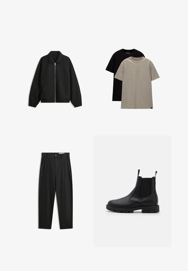 Veste noire en tissu texturé, dotée d'une fermeture éclair sur toute la longueur, d'un col et de poignets élastiques avec une coupe décontractée et des poches latérales.; Ensemble de deux t-shirts : un noir, un beige clair. Coupe regular avec des encolures rondes, fabriqués en coton doux. Design simple, sans motifs.; Pantalon en coton noir avec une coupe décontractée, dotés d'une taille classique, de plis à l'avant et de poches latérales. Texture lisse sans motifs.; Bottines Chelsea noires en cuir texturé, avec des panneaux latéraux élastiques, des languettes de tirage et une semelle en caoutchouc épaisse avec un crampons.