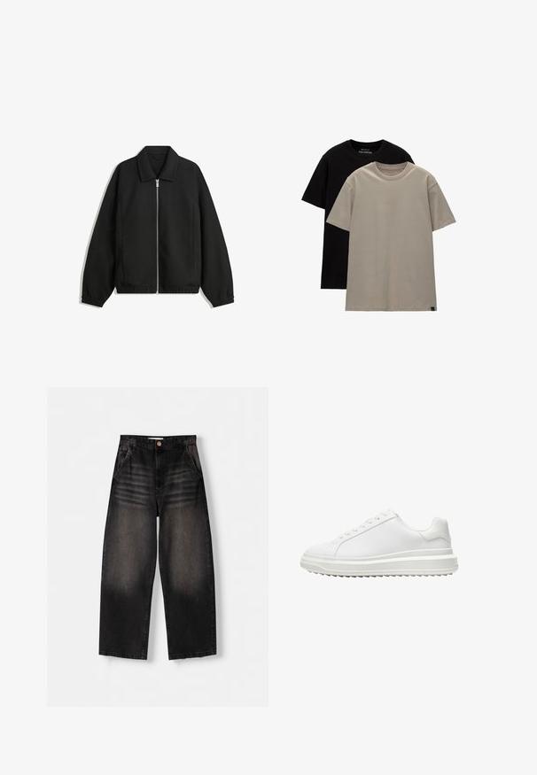 Black jacket made of textured fabric, featuring a full front zip, collar, and elastic cuffs with a relaxed fit and side pockets.; Set of two t-shirts; one black, one light beige. Regular fit with round necklines, made of soft cotton fabric. Simple design, no patterns.; Black denim wide-leg jeans with a faded design, featuring five pockets, a button closure, and subtle whiskering details on the front.; White sneaker with a smooth synthetic upper, round toe, flat laces, textured sole, and a layered, platform design for added height.