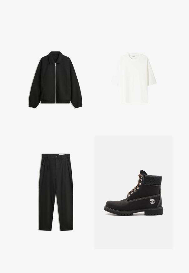 Jachetă neagră dintr-un material texturat, cu fermoar frontal complet, guler și manșete elastice, având o croială lejeră și buzunare laterale.; Tricou alb cu mânecă scurtă, fabricat din bumbac, cu guler tip crew și o croială lejeră, având o tivă dreaptă.; Pantaloni negri din bumbac cu croială lejeră, având un brâu clasic, plii frontale și buzunare laterale. Textură netedă fără modele.; Timberland Botine cu șireturi - black