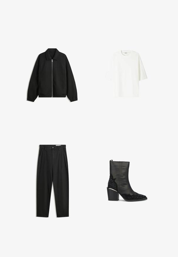 Czarna kurtka z teksturowanej tkaniny, z pełnym zamkiem z przodu, kołnierzem i elastycznymi mankietami, o luźnym kroju i kieszeniach po bokach.; Biała koszulka z krótkim rękawem wykonana z bawełny, z okrągłym dekoltem i luźnym krojem oraz prostym wykończeniem hemu.; Czarne bawełniane spodnie o luźnym kroju, z klasycznym pasem, przednimi plisy oraz bocznymi kieszeniami. Gładka struktura, bez wzorów.; Czarne botki za kostkę z gładką skórzaną cholewką, teksturowanymi ozdobami na obcasie, spiczastym noskiem oraz masywnym obcasem.