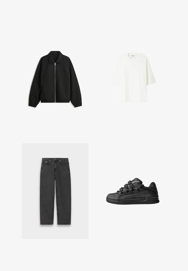 Fekete kabát texturált anyagból, teljes elöl cipzárral, gallérral és rugalmas mandzsettákkal, laza szabással és oldalsó zsebekkel.; Fehér, rövid ujjú póló, amely pamutból készült, kerek nyakkivágással és laza szabással, egyenes alsó szegéllyel.; Fekete, egyenes szárú farmernadrág öt zsebbel, gombos zárással és látható varrással, sík felületen, semleges háttér előtt.; Fekete sportcipők sima bőrből készült felső résszel, struktúrált kiegészítőkkel, valamint kerek fekete és fehér fűzőkkel. Vastag gumitalp mintázott bordázattal.