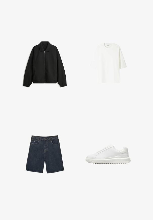 Czarna kurtka z teksturowanej tkaniny, z pełnym zamkiem z przodu, kołnierzem i elastycznymi mankietami, o luźnym kroju i kieszeniach po bokach.; Biała koszulka z krótkim rękawem wykonana z bawełny, z okrągłym dekoltem i luźnym krojem oraz prostym wykończeniem hemu.; Denimowe szorty w ciemnoniebieskim kolorze, charakteryzujące się klasycznym pięciopocketowym fasonem, paskami do paska i zapięciem na guzik; teksturowany materiał z lekkim przetarciem.; Białe sneakersy z gładką syntetyczną cholewką, okrągłym noskiem, płaskimi sznurowadłami, teksturowana podeszwa oraz warstwowym, platformowym designem dla dodatkowej wysokości.