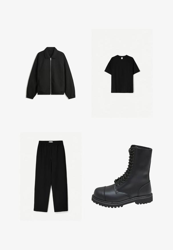 Jachetă neagră dintr-un material texturat, cu fermoar frontal complet, guler și manșete elastice, având o croială lejeră și buzunare laterale.; Tricou din bumbac negru cu mâneci scurte, decolteu rotund și croi lejer. Are un design simplu, fără modele sau accente.; Pantaloni negri, largi, confecționați dintr-un material ușor. Au o talie elastică și o textură netedă. Fără modele vizibile sau accesorii metalice.; Botă de luptă din piele neagră, cu un șold înalt, și închidere cu șireturi în față, guler căptușit și talpă texturată, rezistentă, pentru aderență. Include vârf întărit.