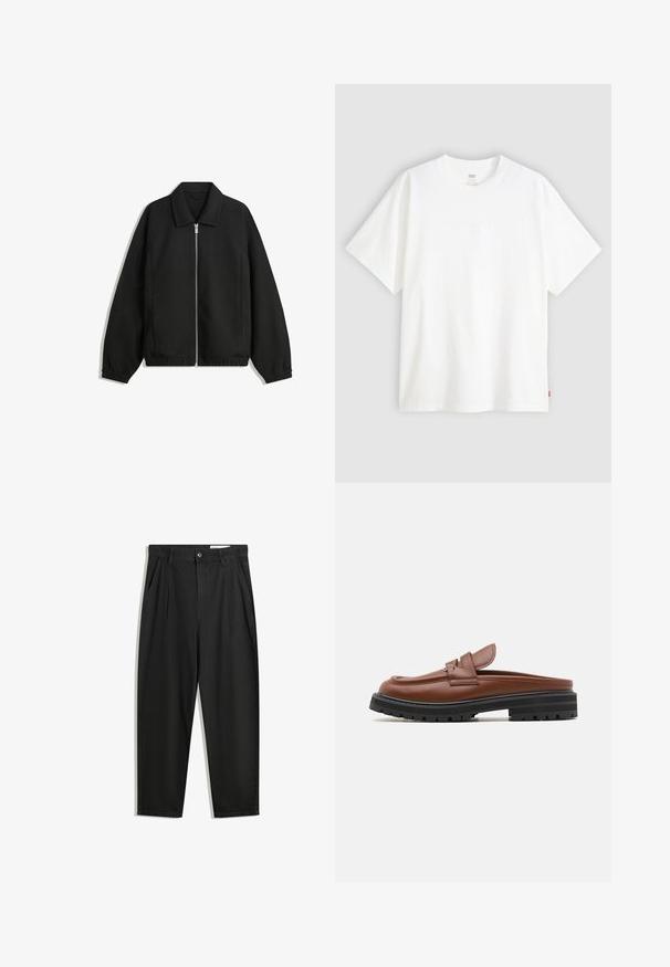 Black jacket made of textured fabric, featuring a full front zip, collar, and elastic cuffs with a relaxed fit and side pockets.; White short-sleeve t-shirt made of cotton with a crew neck. Features subtle embossed logo detail on the front and a red label at the hem.; Black cotton trousers with a relaxed fit, featuring a classic waistband, front pleats, and side pockets. Smooth texture without patterns.; Marni SABOT - Slip-ons - cognac