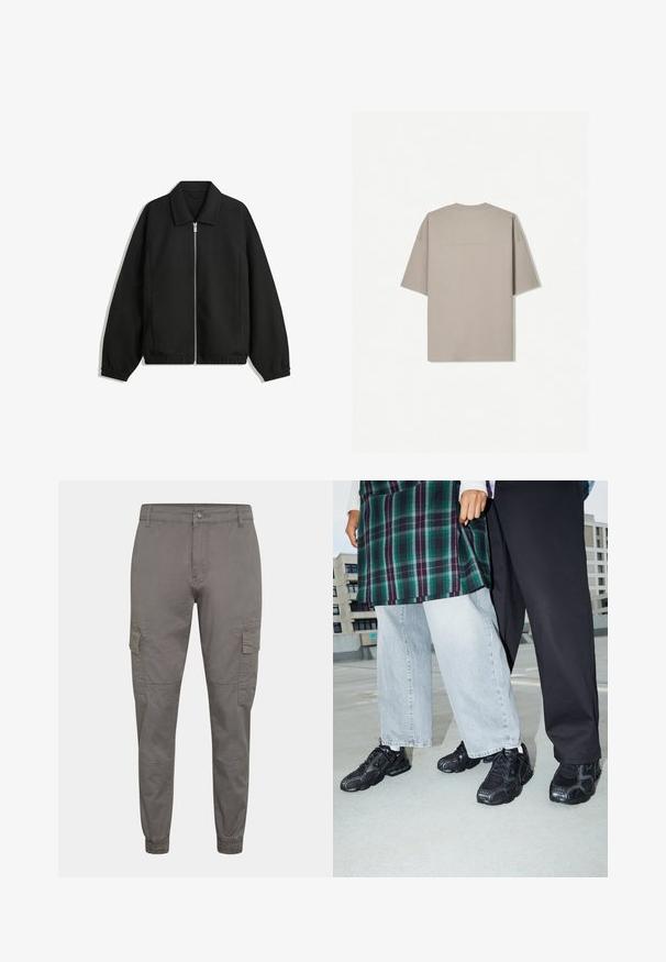 Fekete kabát texturált anyagból, teljes elöl cipzárral, gallérral és rugalmas mandzsettákkal, laza szabással és oldalsó zsebekkel.; Rövid ujjú világos bézs pamut póló, kerek nyakkal és minimalista dizájnnal, látható minták vagy díszítések nélkül.; Szürke pamut cargo nadrág, rugalmas mandzsettával, oldalsó zsebekkel, elöl gombos záródással és varrott mintázattal.; Fekete sportcipők, hálós és gumis részletekkel. Világosszürke, bővített szabású farmernadrággal és kockás zöld toppal viselve. Simafelszínű háttér.