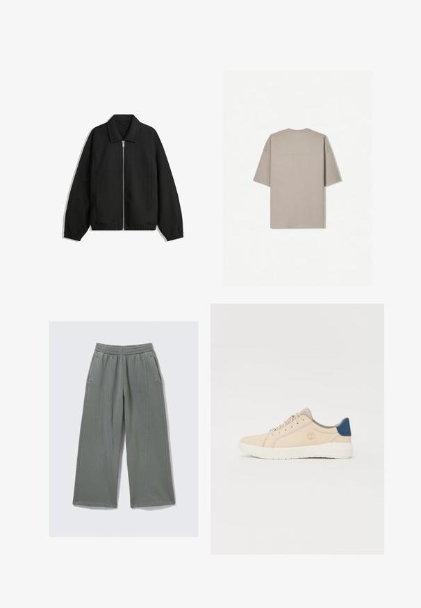 Giacca nera in tessuto texturizzato, con zip frontale a tutta lunghezza, colletto e polsini elasticizzati, dalla vestibilità rilassata e con tasche laterali.; Maglietta a maniche corte in cotone beige chiaro, con collo rotondo e design minimalista senza motivi o accenti visibili.; Pantaloni a gamba larga grigio chiaro realizzati in tessuto morbido, con cintura elastica e due tasche laterali, caratterizzati da cuciture visibili.; Sneakers beige in suede, con suola bianca, lacci beige e un dettaglio blu sul tallone. Logo impresso di lato.