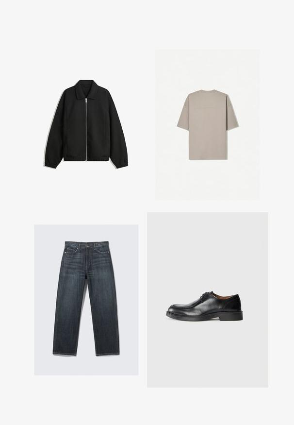 Čierna bunda vyrobená z textúrovaného materiálu, s plným predným zipsom, golierom a elastickými manžetami, so voľnejším strihom a bočnými vreckami.; Tričko s krátkym rukávom v svetlobéžovej farbe z bavlny, s okrúhlym výstrihom a minimalistickým dizajnom bez viditeľných vzorov alebo akcentov.; Tmavomodré rifľové nohavice s rovnými nohavicami, vybavené piatimi vreckami, predným zapínaním na gombíky a jemným vyblednutím látky.; Čierne kožené spoločenské topánky s округlým špičkou, hladkým povrchom, šnúrkovými detailmi a nízkou, textúrovanou gumovou podrážkou. Čisté línie a minimalistický dizajn.