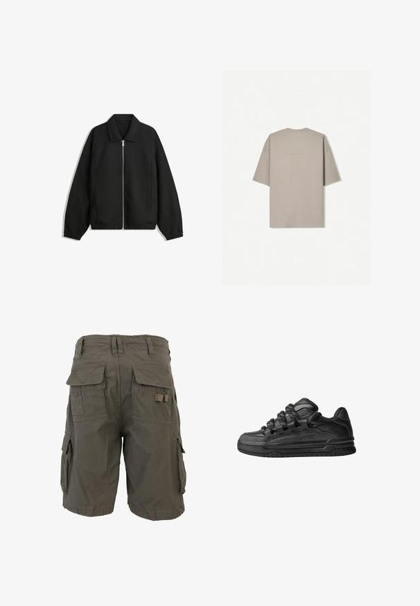 Fekete kabát texturált anyagból, teljes elöl cipzárral, gallérral és rugalmas mandzsettákkal, laza szabással és oldalsó zsebekkel.; Rövid ujjú világos bézs pamut póló, kerek nyakkal és minimalista dizájnnal, látható minták vagy díszítések nélkül.; Olíva zöld cargo sort, laza szabással, több oldalsó zsebbel és tartós anyaggal. Övakasokkal és varrott részletekkel rendelkezik.; Fekete sportcipők sima bőrből készült felső résszel, struktúrált kiegészítőkkel, valamint kerek fekete és fehér fűzőkkel. Vastag gumitalp mintázott bordázattal.