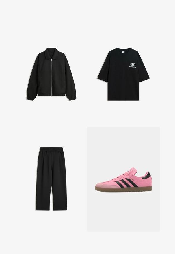 Sort jakke lavet af struktureret stof, med fuld frontlynlås, krave og elastiske mansjetter, i en afslappet pasform og sidelommer.; Sort oversized bomulds t-shirt med rund halsudskæring og korte ærmer, med et hvidt "Shibuya" logo trykt på forsiden.; Sorte vide bukser med elastisk talje og sidelommer, vist fladt på en hvid baggrund.; Rosa træningssko med sorte striber og detaljer. Har en struktureret overdel, rund tå og en gummisål. Snøresystem med polstret tunge.
