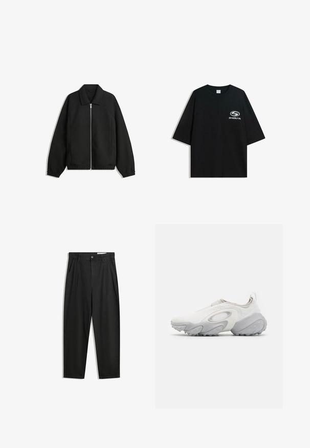 Fekete kabát texturált anyagból, teljes elöl cipzárral, gallérral és rugalmas mandzsettákkal, laza szabással és oldalsó zsebekkel.; Fekete, oversized pamut póló kerek nyakkal és rövid ujjakkal, az elején fehér "Shibuya" logóval.; Fekete pamut nadrág laza szabással, klasszikus derékrésszel, elülső hajtásokkal és oldalsó zsebekkel. Simább textúra minta nélkül.; Sima fehér tornacipő sima felsőrésszel, szürke kiegészítőkkel, kerek formával, textúrált talppal és láthatatlan fűzőkkel a könnyű viselet érdekében.