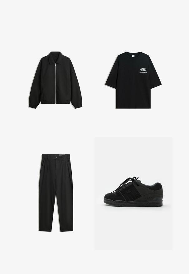 Sort jakke lavet af struktureret stof, med fuld frontlynlås, krave og elastiske mansjetter, i en afslappet pasform og sidelommer.; Sort oversized bomulds t-shirt med rund halsudskæring og korte ærmer, med et hvidt "Shibuya" logo trykt på forsiden.; Sorte bomuldsbukser med en afslappet pasform, der har en klassisk talje, frontfolder og sidelommer. Glat tekstur uden mønstre.; Sort sneaker med overdel i ruskind og tekstil, der har teksturerede detaljer, polstret krave, snørebånd og en gummisål med logodetalje.