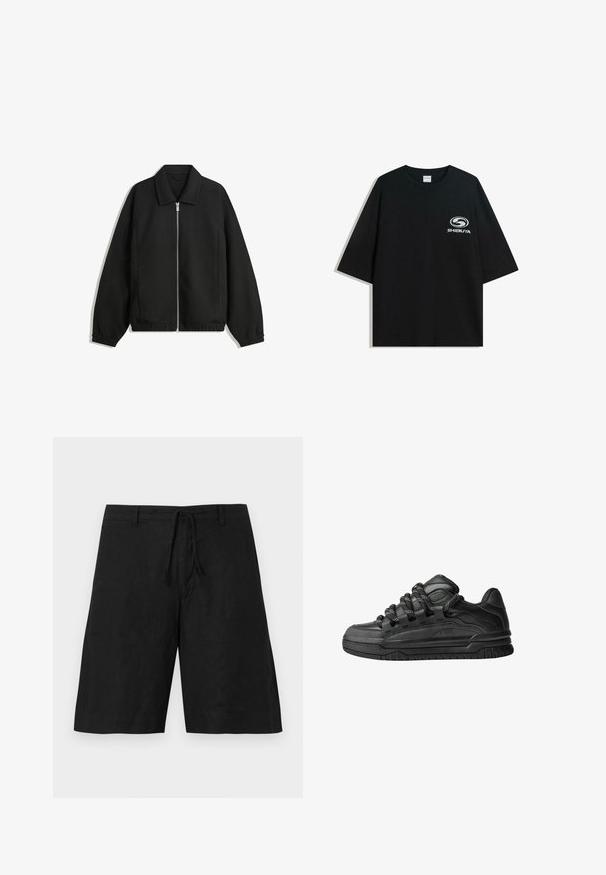 Črna jakna iz teksturirane tkanine, z dvostranskim zadrgo spredaj, ovratnikom in elastičnimi manšeti, sproščenega kroja in stranskimi žepi.; Črna prevelika bombažna majica z okroglo ovratnico in kratkimi rokavi, z belim logotipom "Shibuya" natisnjenim spredaj.; Črne lanene hlače s sproščenim fitom, elastičnim pasom in brez vidnih vzorcev. Tkanina se zdi lahka z rahlo teksturirano površino.; Črne superge z gladkim usnjenim zgornjim delom, teksturiranimi detajli in okroglimi črnimi ter belimi vezalkami. Debel gumijast podplat z vzorčastim profilom.