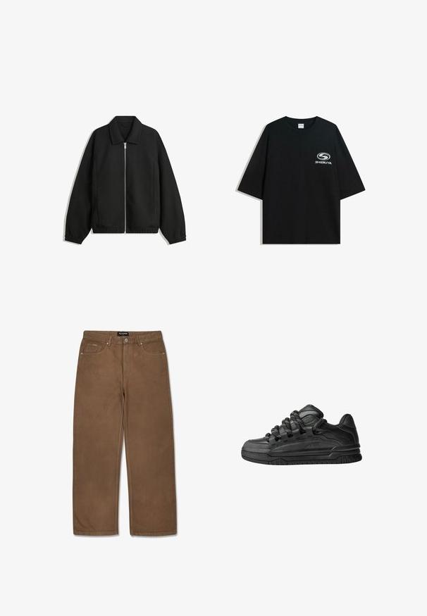 Musta takki, joka on valmistettu teksturoidusta kankaasta ja jossa on koko etuvetoketju, kaulus ja joustavat hihansuut. Takissa on rento istuvuus ja sivutaskut.; Mustat ylipitkät puuvillapaidat, joissa on pyöreä kaula-aukko ja lyhyet hihat, etuosassa valkoinen "Shibuya" -logo.; Ruskeat farkkuculotteet suoralla lahkeella, joissa on viisi taskua, nappikiinnitys ja hienovarainen ompelutaito saumoissa.; Mustat tennarit, joissa on sileä nahkapinta, teksturoituja yksityiskohtia ja pyöreät musta-valkoiset nauhat. Paksu kumipohja, jossa on kuvioitu pinta.