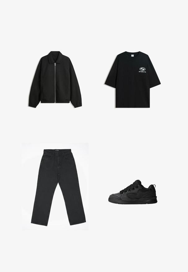 Zwarte jas van textuurstof, met een volledige rits aan de voorkant, een kraag, elastische manchetten, een ontspannen pasvorm en zijzakken.; Zwarte oversized katoenen t-shirt met een ronde halslijn en korte mouwen, met een witte "Shibuya" logo gedrukt op de voorkant.; Zwarte high-waist straight-leg jeans met voorzakken en knoopsluiting, plat neergelegd op een witte achtergrond.; Zwarte sneakers met een gestructureerde bovenkant, voorzien van veters, mesh-details voor ademend vermogen, een gevoerd kraagje en een stevige zool.